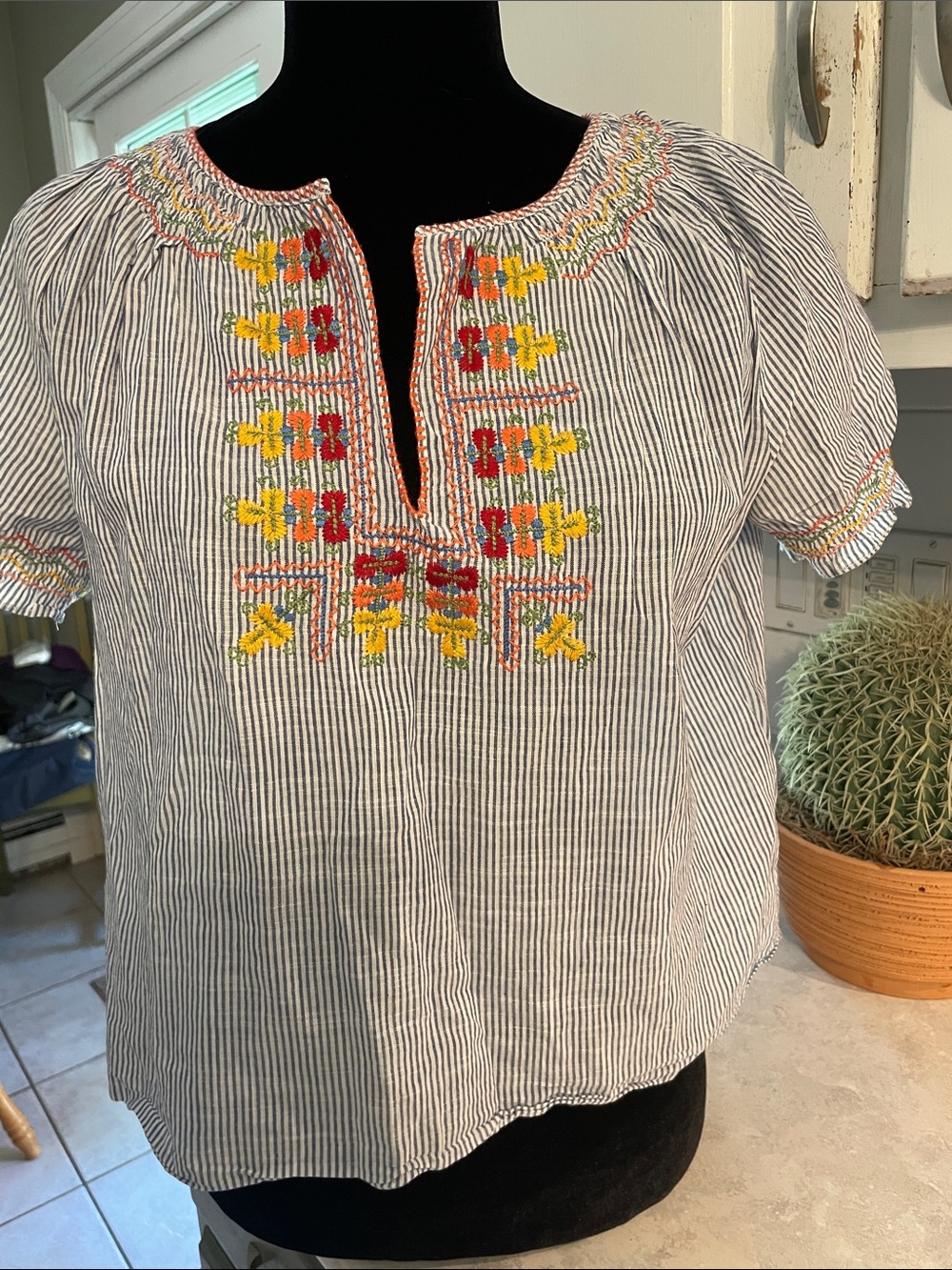 Madewell Embroidered Blue Stripe Peasant Top - Picture 2 of 9